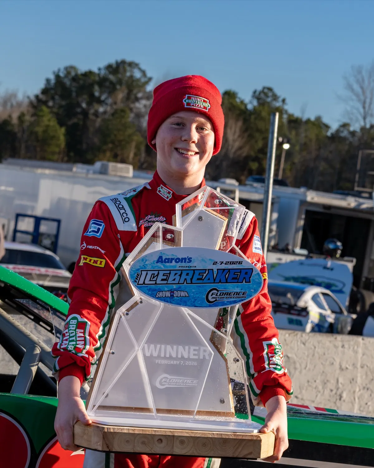 Keelan Harvick with his Icebreaker winner's trophy in Hunt Brothers Pizza colors